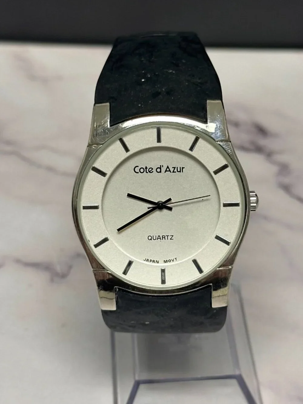 Cote d' Azur Watch Men Silver Tone Slim Round Black Resin Band New Battery 10